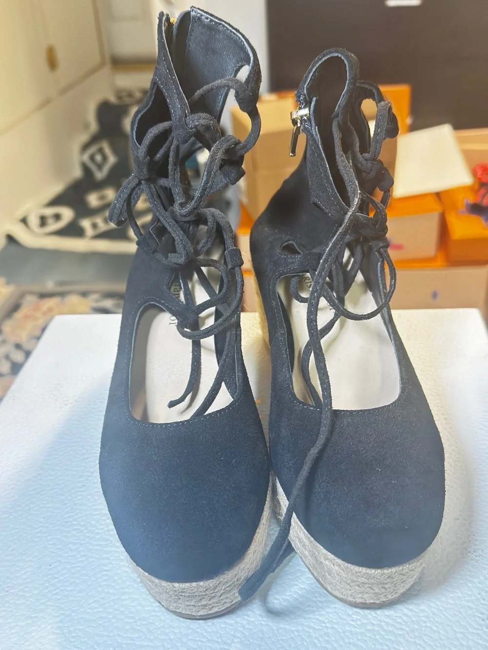 Dior Black Suede Lace-Up Espadrille Wedge with Natural Rope Platform